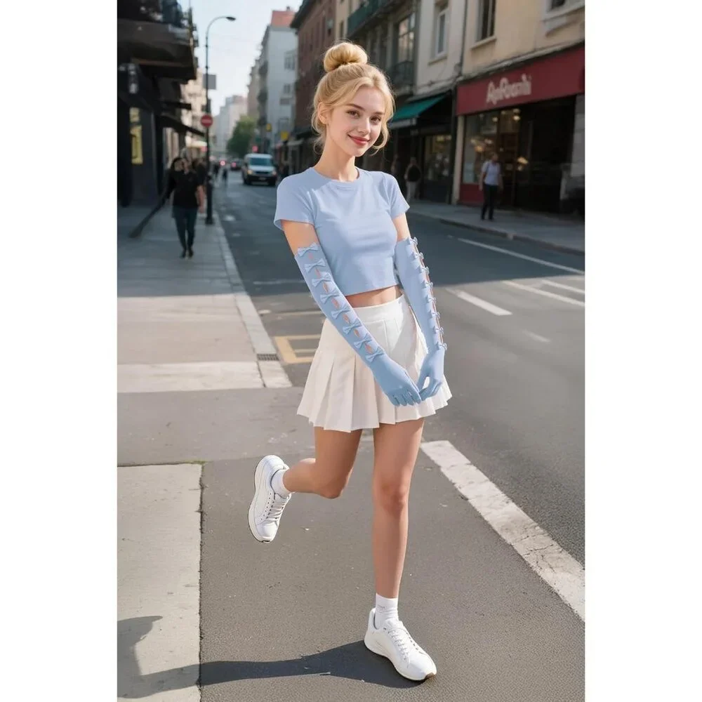 Women's Princess Light Blue Long Sleeves Gloves Bow Lace Mesh Tulle Party Prom
